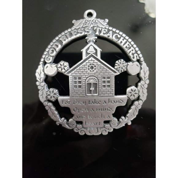 Pewter Metal Cathedral Art Christmas Ornament God Bless Teachers - No Box - Picture 1 of 5